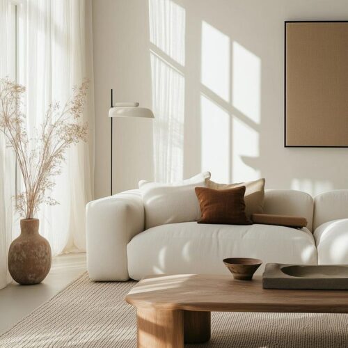 professional photography of a minimalist living room, in the style of Studio McGee, angled wide shot --ar 2:3 --v 6.1 Job ID: 1243cd43-c638-4742-825e-b2538a40524c